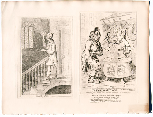 original James Gillray etchings The British Butcher Supplying John Bull with a Substitute for Bread

The Sleep-Walker

